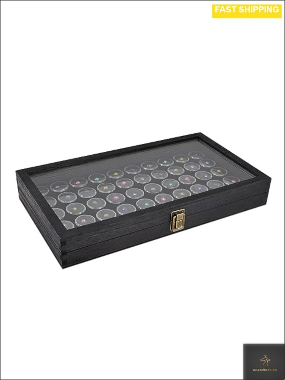 Wooden Glass Top Jewelry Display Case Box with 50 Gem Jars Organizer